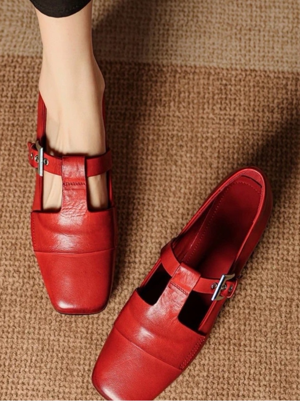 Hand Stitched Leather Women’s Red Mary Jane Buckle Low Heel Shoes - Picture 2 of 7